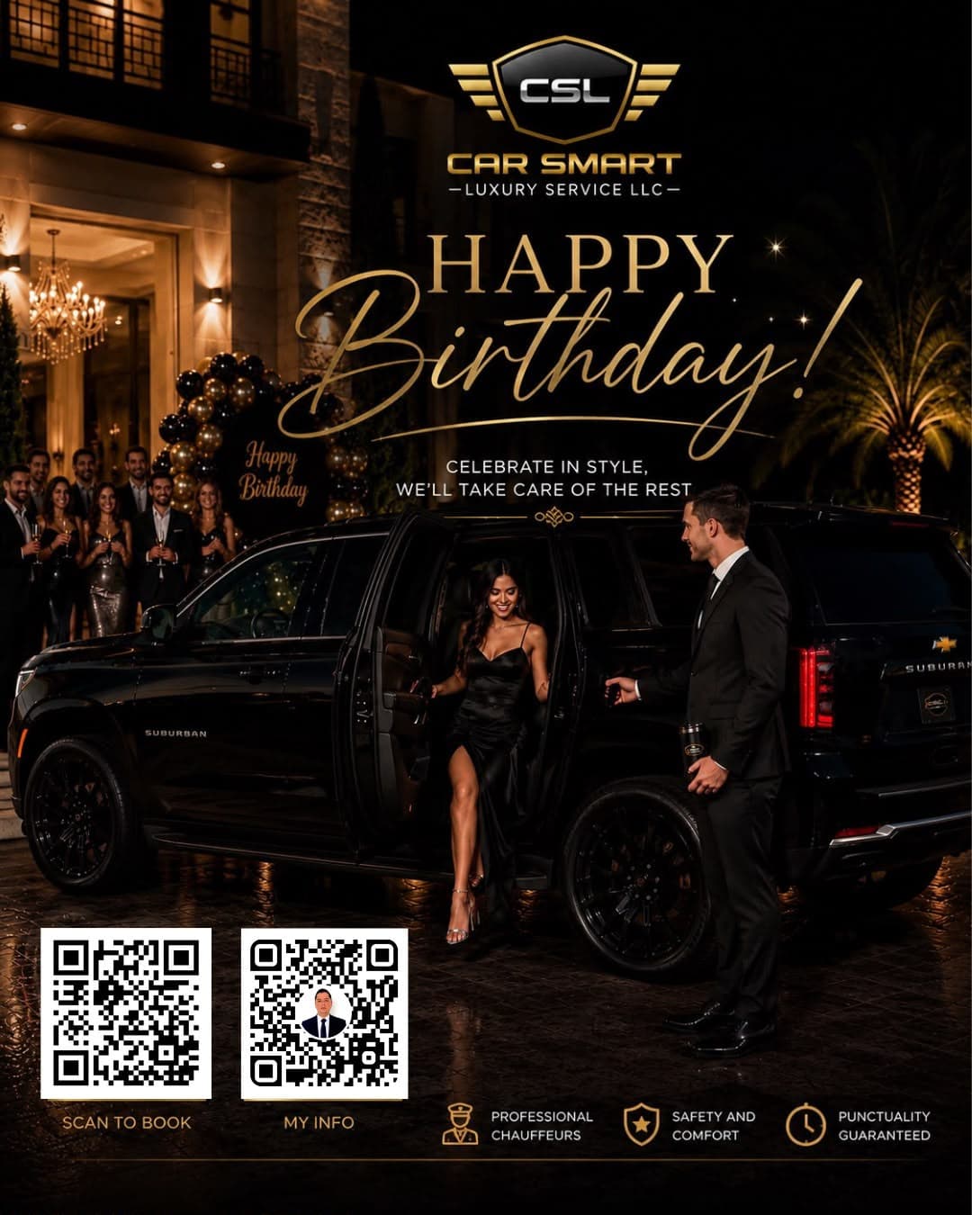 Group dressed for a birthday celebration beside a black luxury SUV outside a hotel