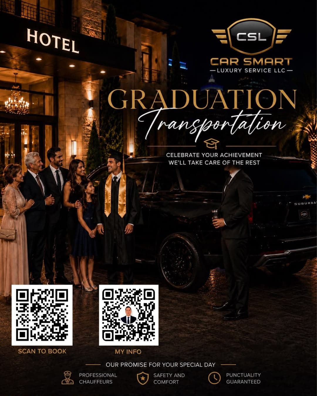 Graduate in cap and gown with family in front of a black luxury SUV outside a hotel