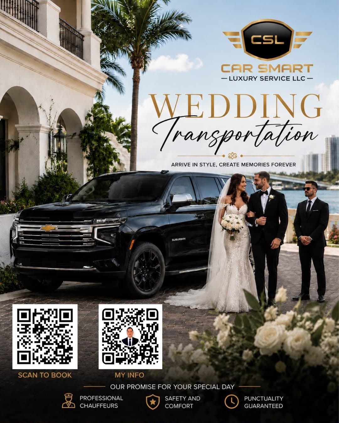 Bride and groom beside a black luxury SUV with a chauffeur at a waterfront venue